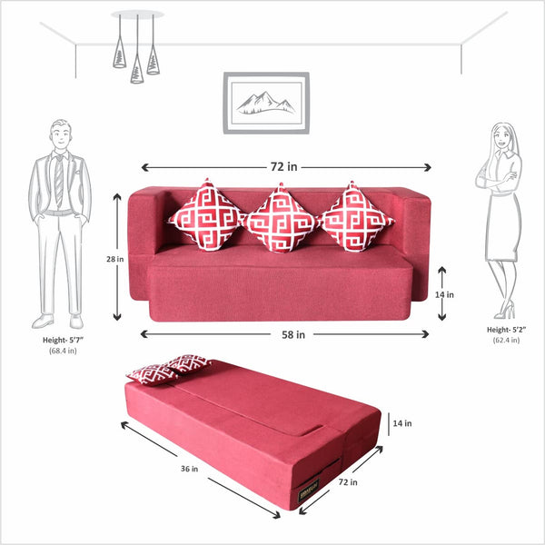 Flipper X Sofa Cum Bed - 3 Seater, Printed Cushion ( Jute Fabric, Maroon )