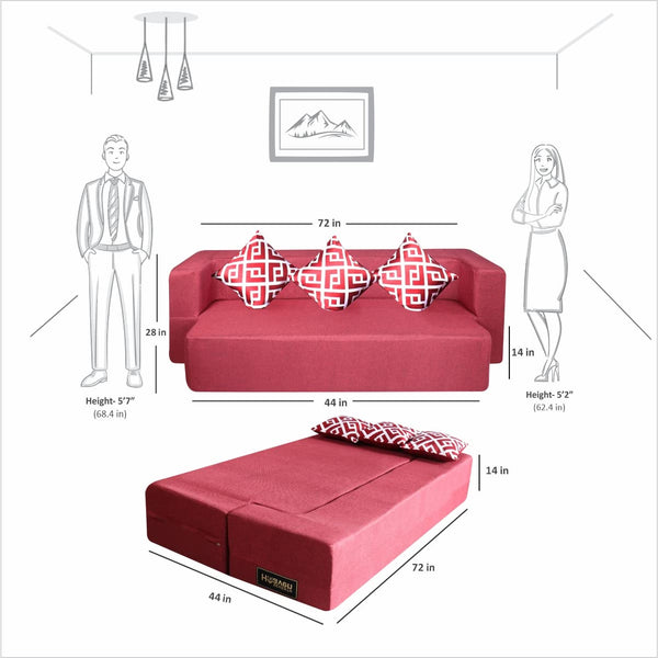 Flipper X Sofa Cum Bed - 3 Seater, Printed Cushion ( Jute Fabric, Maroon )