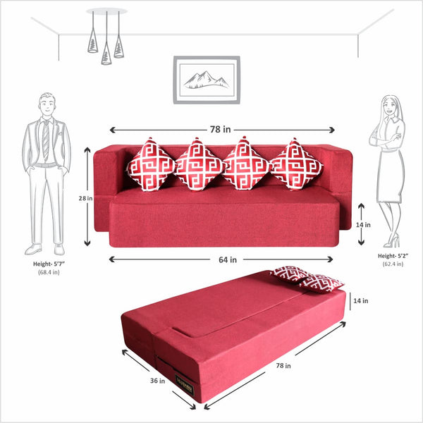 Flipper X Sofa Cum Bed - 4  Seater, Printed Cushion ( Jute Fabric, Maroon )