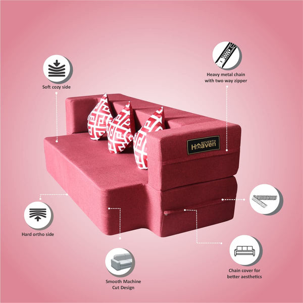 Flipper X Sofa Cum Bed - 3 Seater, Printed Cushion ( Jute Fabric, Maroon )