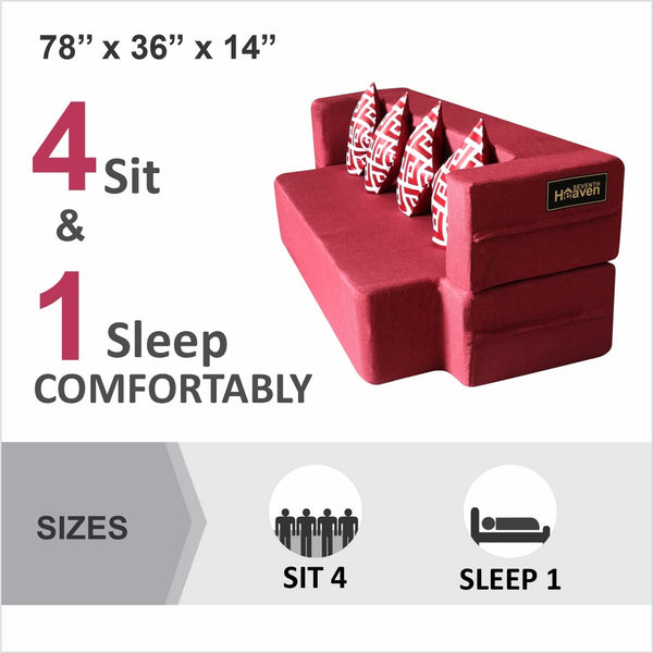 Flipper X Sofa Cum Bed - 4  Seater, Printed Cushion ( Jute Fabric, Maroon )