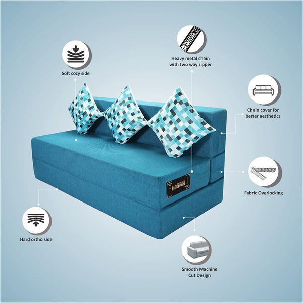 Rejoice Sofa Cum Bed - 4 Seater, Printed Cushion ( Jute Fabric, Sky Blue )