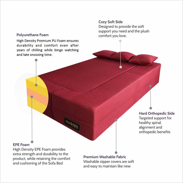 Flipper X Sofa Cum Bed - 3 Seater, Plain Cushion ( Jute Fabric, Maroon )