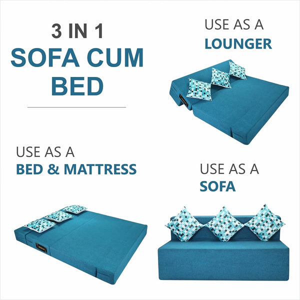 Rejoice Sofa Cum Bed - 4 Seater, Printed Cushion ( Jute Fabric, Sky Blue )