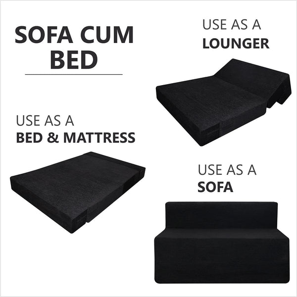 Rejoice Sofa Cum Bed - 2 Seater, Plain Cushion ( Premium Molfino Fabric, Black )