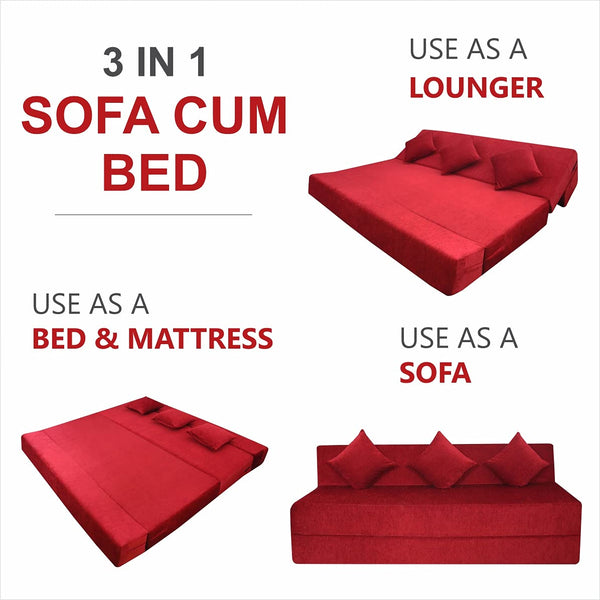 Rejoice Sofa Cum Bed - 4 Seater, Plain Cushion ( Premium Molfino Fabric, Maroon )