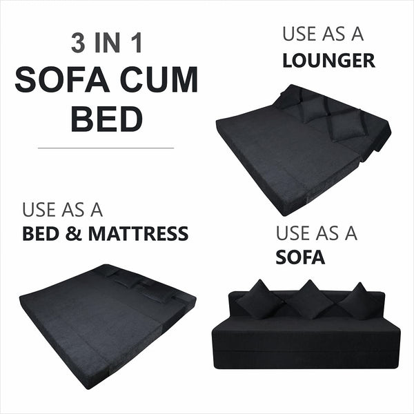 Rejoice Sofa Cum Bed - 4 Seater, Plain Cushion ( Premium Molfino Fabric, Black )