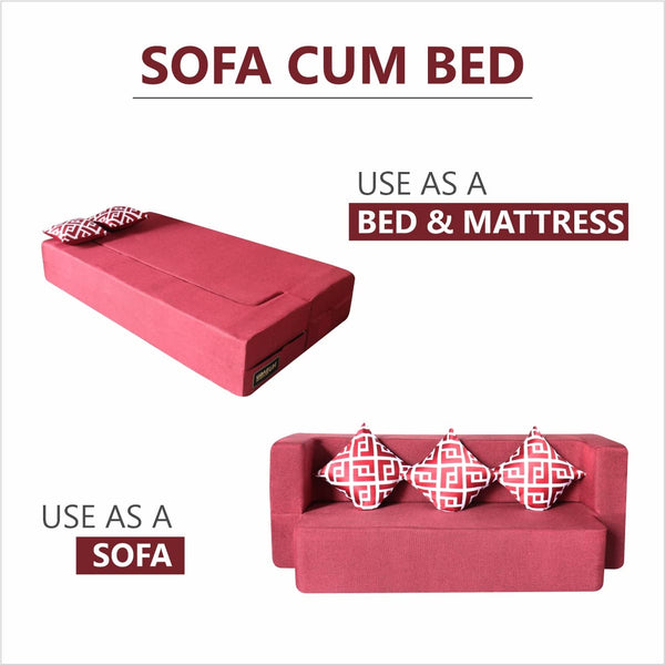 Flipper X Sofa Cum Bed - 3 Seater, Printed Cushion ( Jute Fabric, Maroon )