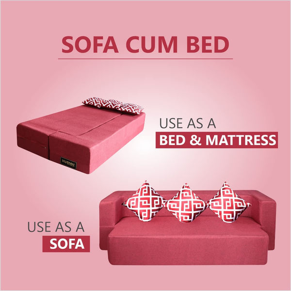 Flipper X Sofa Cum Bed - 3 Seater, Printed Cushion ( Jute Fabric, Maroon )