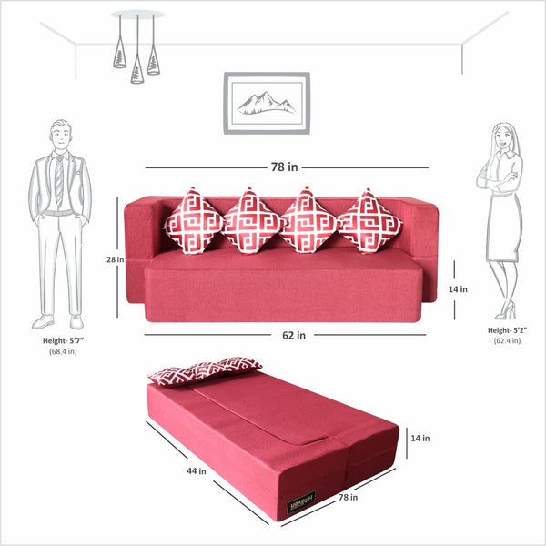 Flipper X Sofa Cum Bed - 4 Seater, Printed Cushion ( Jute Fabric,  Maroon )