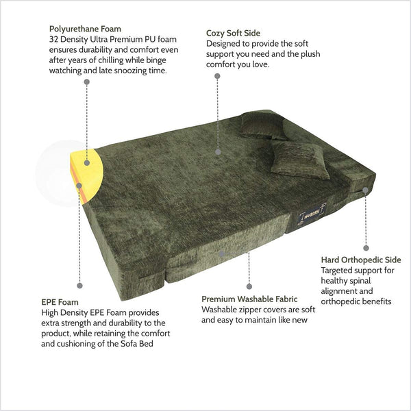 Rejoice Sofa Cum Bed - 2 Seater, Plain Cushion ( Premium Molfino Fabric, Green )