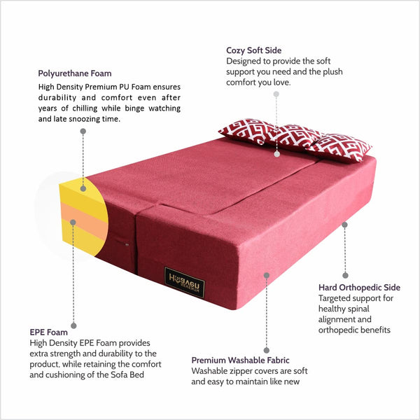 Flipper X Sofa Cum Bed - 3 Seater, Printed Cushion ( Jute Fabric, Maroon )