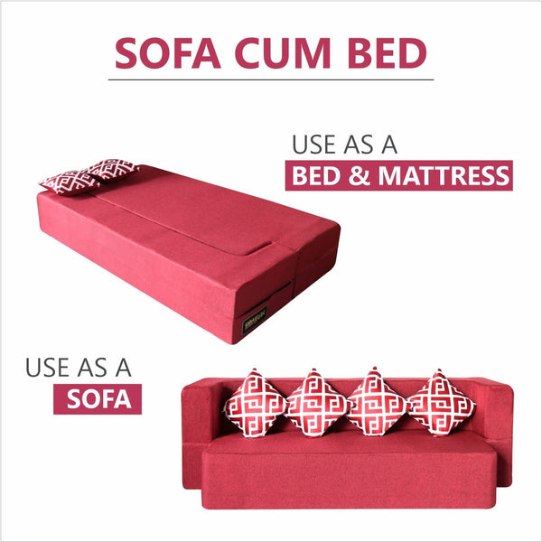 Flipper X Sofa Cum Bed - 4  Seater, Printed Cushion ( Jute Fabric, Maroon )