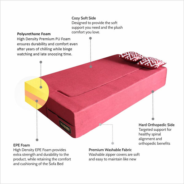 Flipper X Sofa Cum Bed - 3 Seater, Printed Cushion ( Jute Fabric, Maroon )