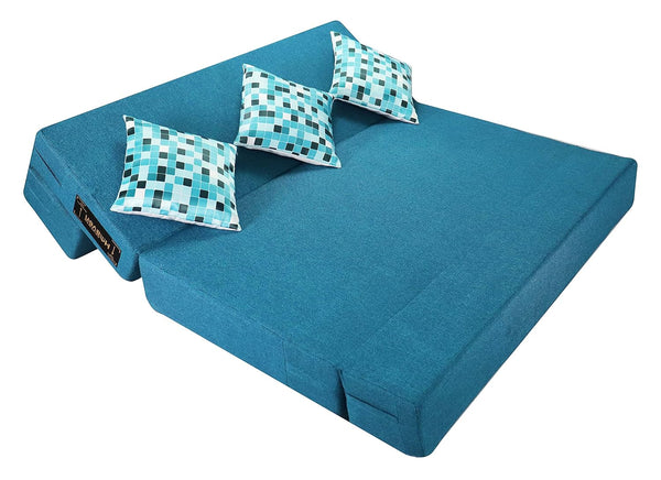 Rejoice Sofa Cum Bed - 4 Seater, Printed Cushion ( Jute Fabric, Sky Blue )