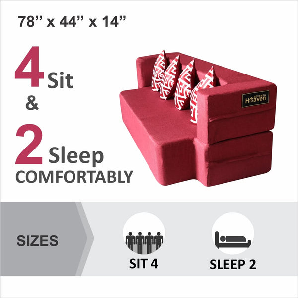 Flipper X Sofa Cum Bed - 4 Seater, Printed Cushion ( Jute Fabric,  Maroon )