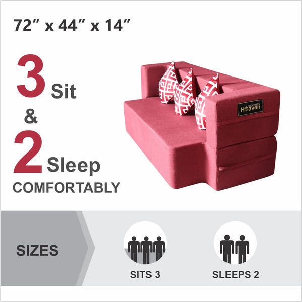 Flipper X Sofa Cum Bed - 3 Seater, Printed Cushion ( Jute Fabric, Maroon )