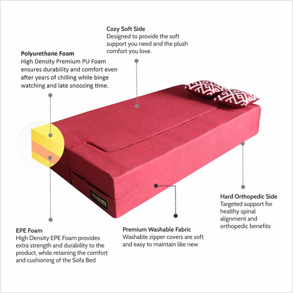 Flipper X Sofa Cum Bed - 4  Seater, Printed Cushion ( Jute Fabric, Maroon )