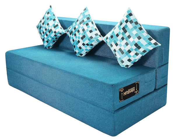 Rejoice Sofa Cum Bed - 4 Seater, Printed Cushion ( Jute Fabric, Sky Blue )