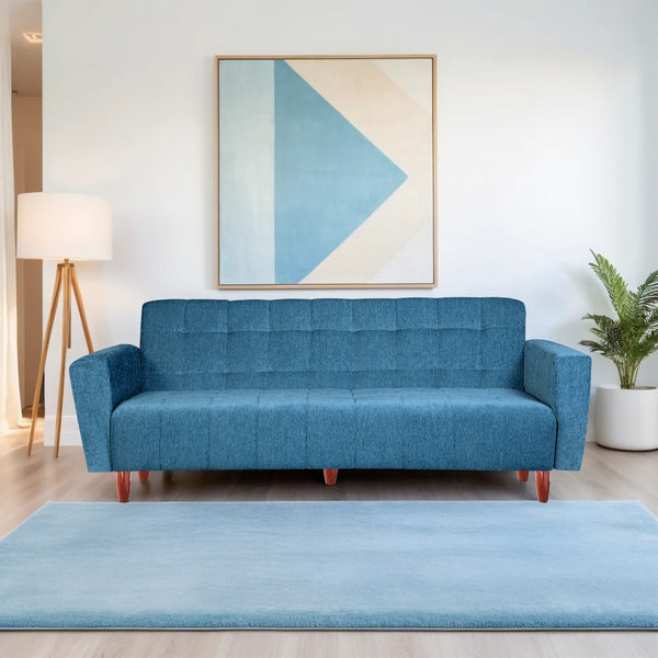 Lisbon  4 Seater Wooden Sofa Cum Bed - ( Premium Molfino Fabric-Sky Blue)