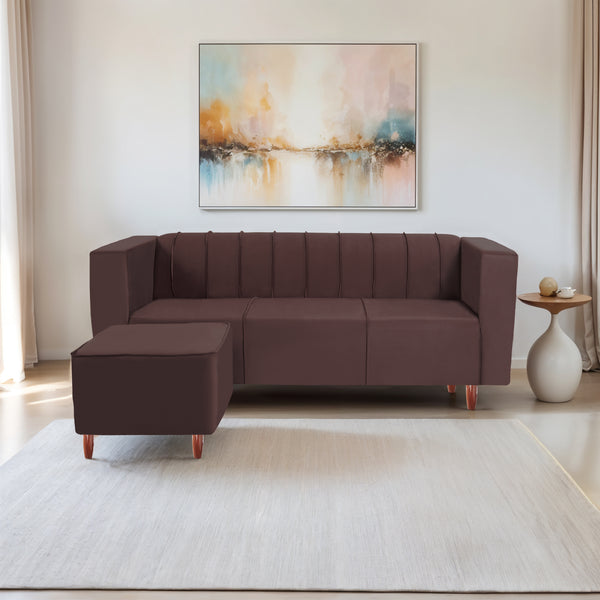 Sydney 4 Seater Sofa with Ottoman- ( Plush Suede Fabric- Brown )