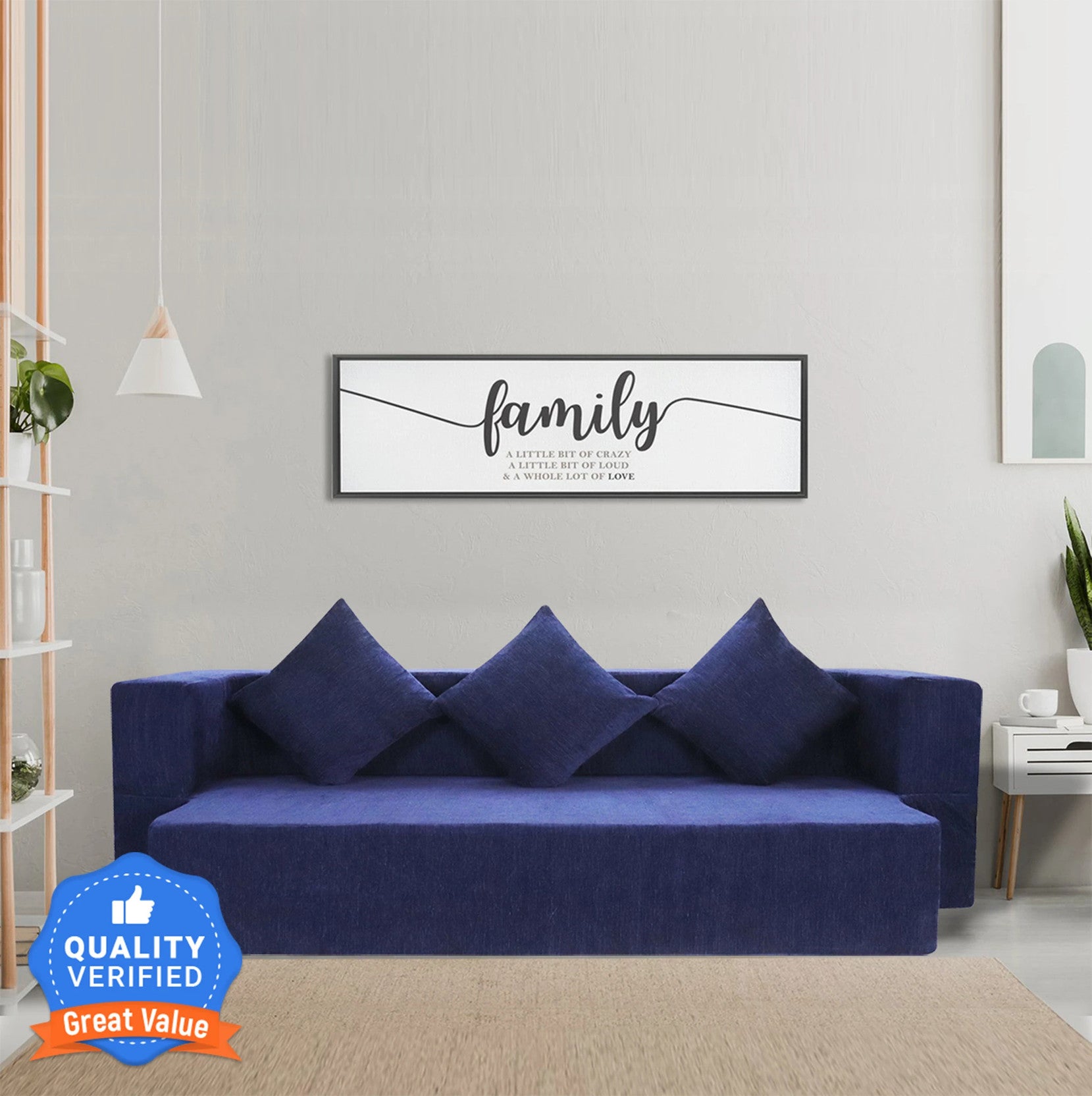 Flipper X Sofa Cum Bed - 3 Seater, Plain Cushion ( Premium Molfino Fabric, Blue )