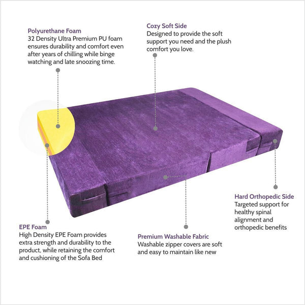 Rejoice Sofa Cum Bed - 3 Seater, ( Premium Molfino Fabric, Purple )