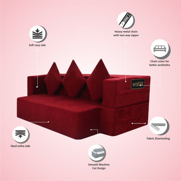 Flipper X Sofa Cum Bed - 3  Seater, Plain Cushion ( Jute Fabric,  Maroon )