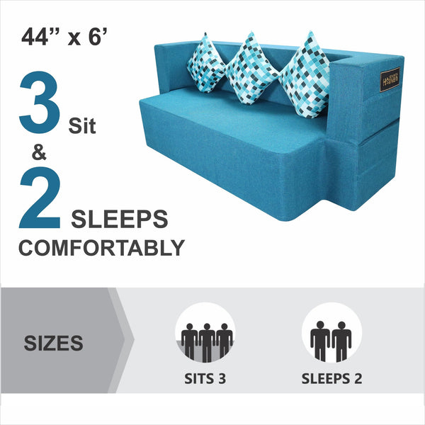 Flipper X Sofa Cum Bed - 3  Seater, Printed Cushion ( Jute Fabric, Sky Blue)