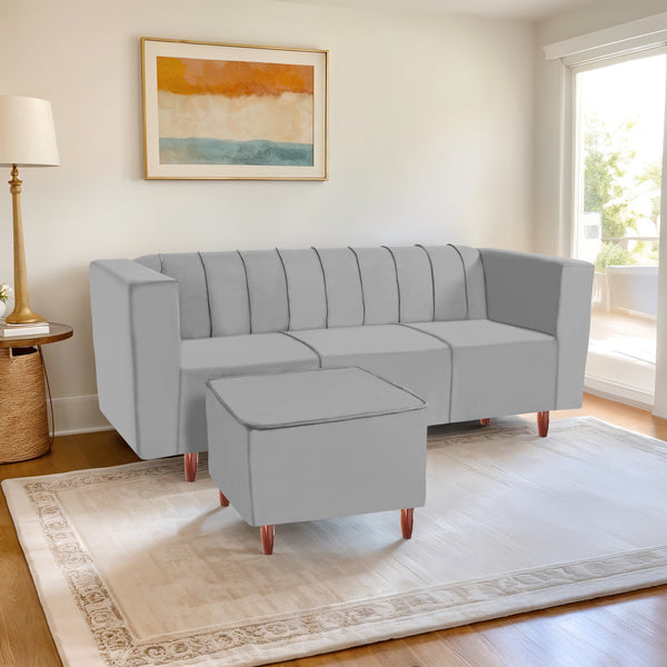 Sydney 4 Seater Sofa with Ottoman- ( Plush Suede Fabric- Grey )