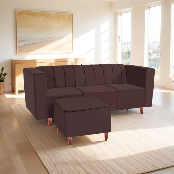 Sydney 4 Seater Sofa with Ottoman- ( Plush Suede Fabric- Brown )
