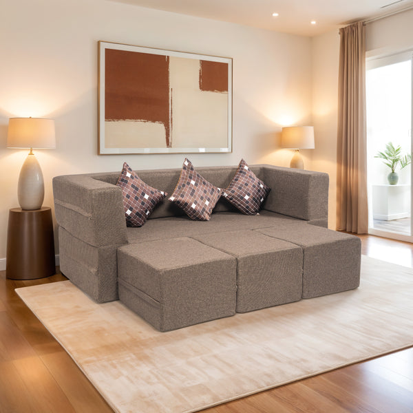 Flipper X Sofa Cum Bed - 3 Seater With 3 Ottoman - Printed Cushions ( Jute Fabric, Brown )