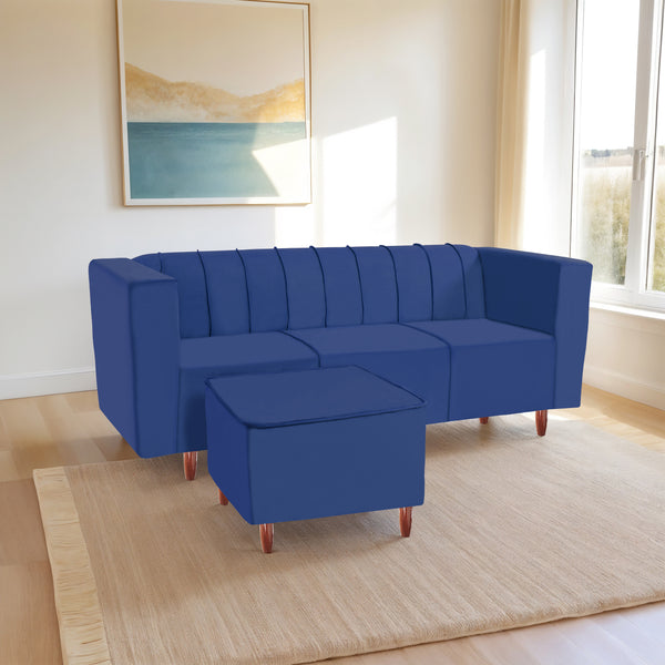 Sydney 4 Seater Sofa with Ottoman- ( Plush Suede Fabric- Blue )