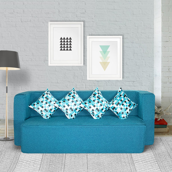Flipper X Sofa Cum Bed Cover - 4 Seater, Printed Cushion ( Jute Fabric, Sky Blue )