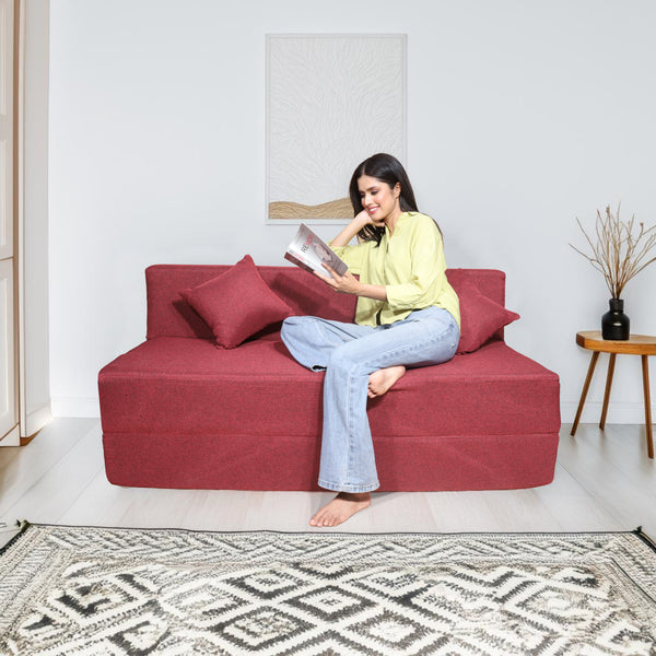 Rejoice Sofa Cum Bed - 3 Seater, Plain Cushion (Jute Fabric- Maroon)