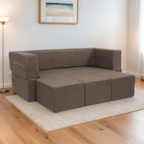 Flipper X Sofa Cum Bed - 3 Seater With 3 Ottoman - ( Jute Fabric, Brown )
