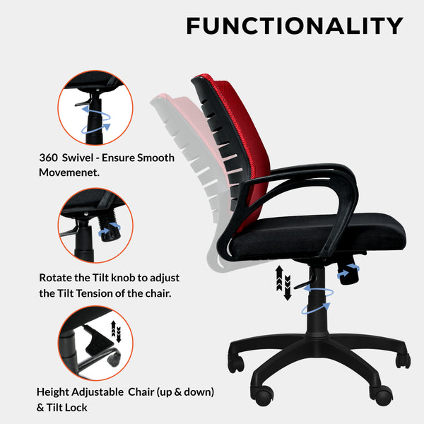 Bolt Mid-Back Office Chair – Ergonomic, Durable & Versatile ( Red )