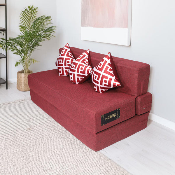 Seventh Heaven 3 Seater 6×5  Premium Jute Fabric Washable Cover Sofa cum Bed 3 Seater Double Foam Fold Out Sofa  Bed With 3 Printed Cushions (Finish Color - Maroon Delivery Condition - Pre-assembled)