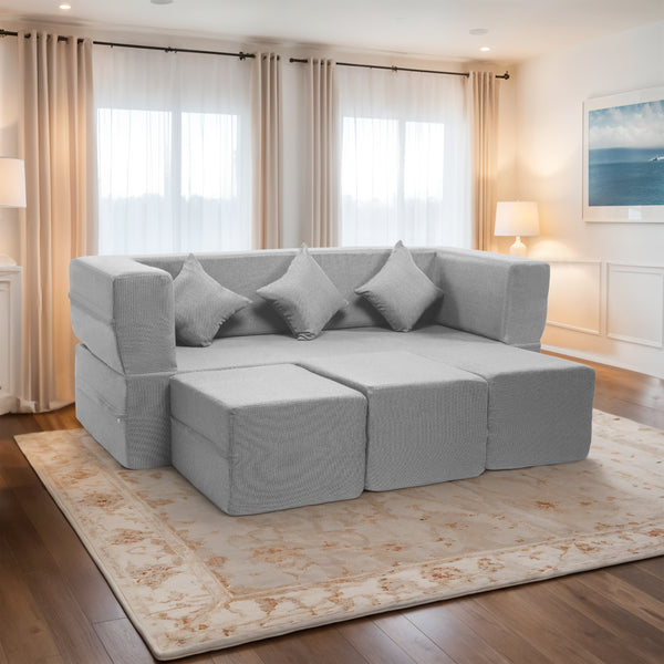 Flipper X Sofa Cum Bed - 3 Seater With 3 Ottoman - Plain Cushion (Jute Fabric, Light Grey )
