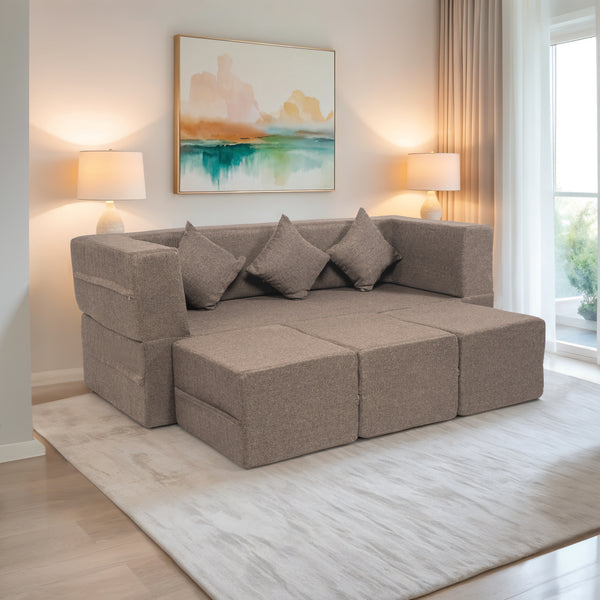 Flipper X Sofa Cum Bed - 3 Seater With 3 Ottoman - Plain Cushion (Jute Fabric, Brown )