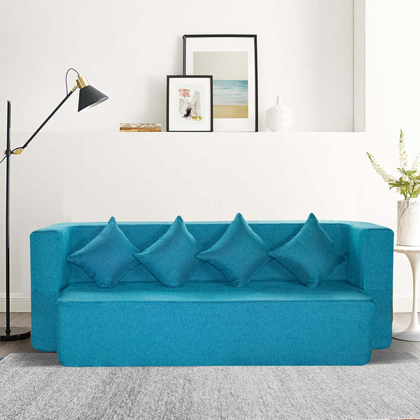 FlipperX Sofa Cum Bed Cover - 3 Seater, Plain Cushion ( Premium Jute Fabric, Blue )
