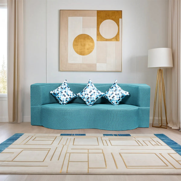 Curved Flipper X Sofa Cum Bed - 3 Seater, Printed Cushion ( Jute Fabric,Sky Blue )
