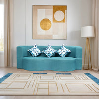 curved flipper x sofa cum bed 3 seater printed cushion jute fabric sky blue