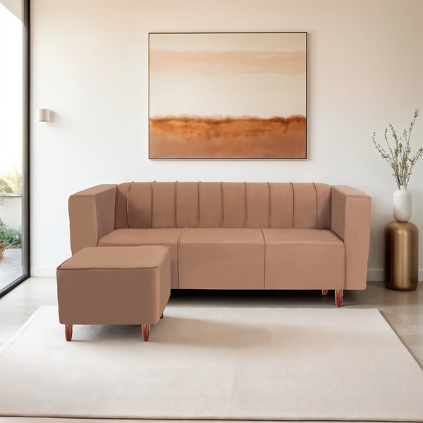 Sydney 4 Seater Sofa with Ottoman- ( Plush Suede Fabric- Beige )