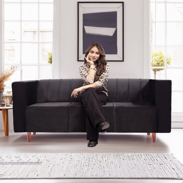 Sydney 3 Seater Sofa- ( Plush Suede Fabric- Black )