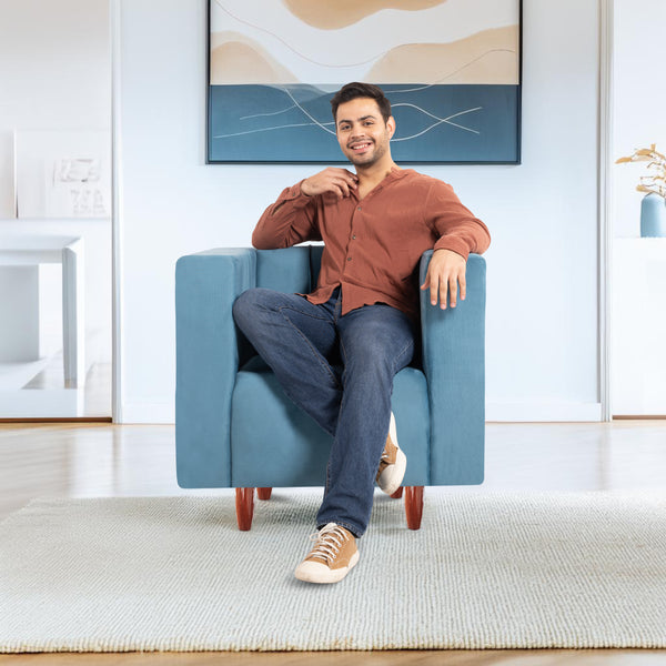 Sydney 1 Seater Sofa- ( Plush Suede Fabric- Sky Blue )
