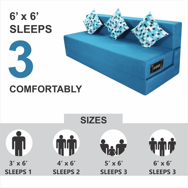 Rejoice Sofa Cum Bed - 4 Seater, Printed Cushion ( Jute Fabric, Sky Blue )