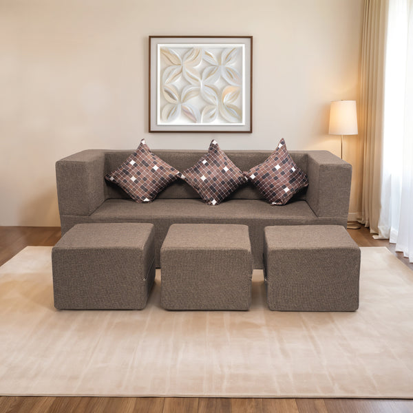 Flipper X Sofa Cum Bed - 3 Seater With 3 Ottoman - Printed Cushions ( Jute Fabric, Brown )