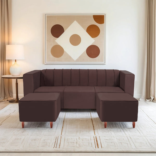 Sydney 5 Seater Sofa with 2 Ottoman- ( Plush Suede Fabric- Brown )