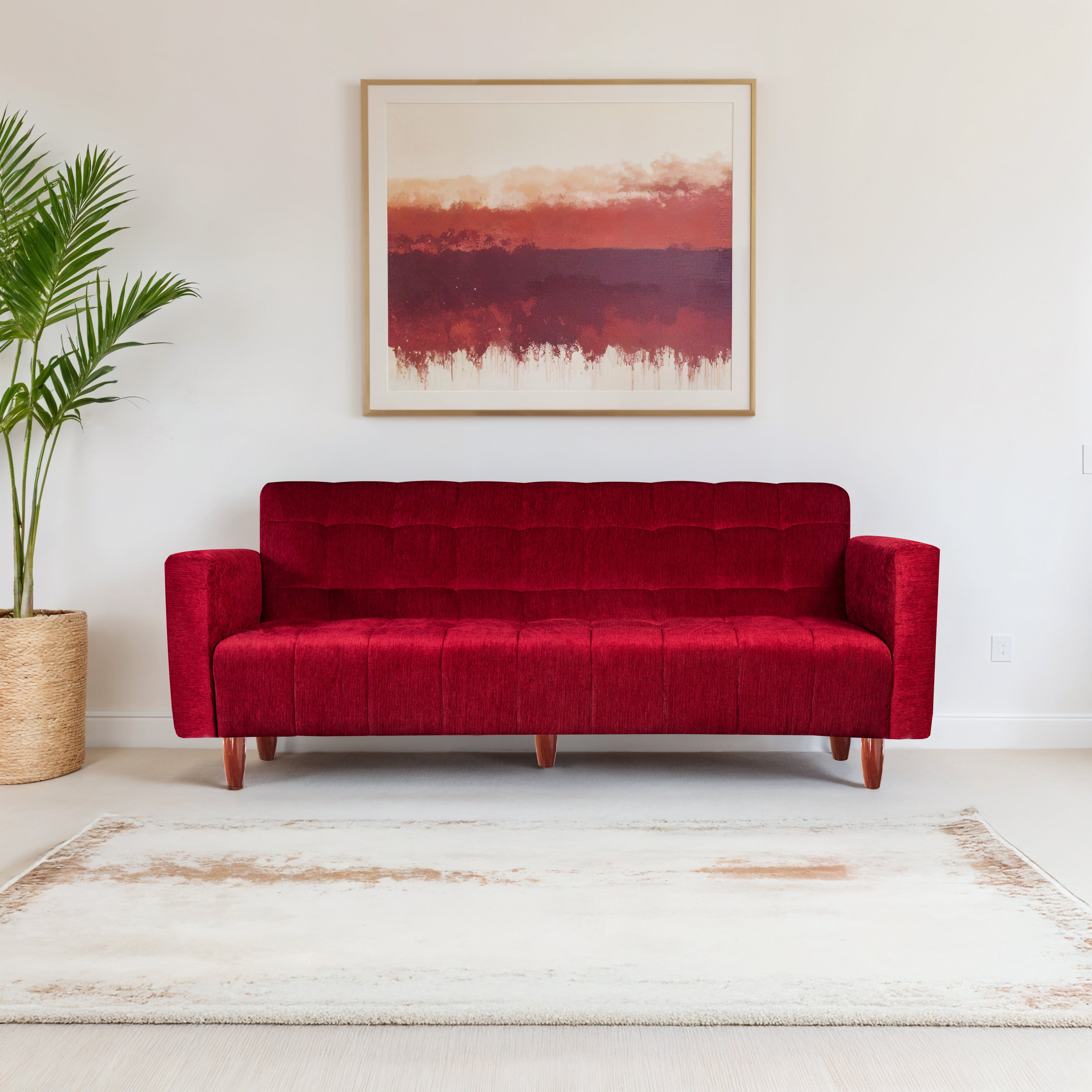 Lisbon 3 Seater Wooden Sofa Cum Bed - ( Premium Molfino Fabric- Maroon )